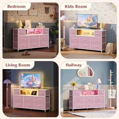 WLIVE LED Dresser TV Stand for 55 Inch TV, 8 Drawers, Pink | Fits TVs up to 55 inch, 8 fabric drawers, LED chest of drawers, Built-in power outlet, Living room or bedroom - color: A-pink
