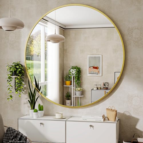 BEAUTYPEAK 24 Inch Round Mirror, Metal Frame Circle Mirror, Gold | Wall Mounted for Entryway, Bathroom, Vanity, Living Room - color: Gold, size: 24"L x 24"W