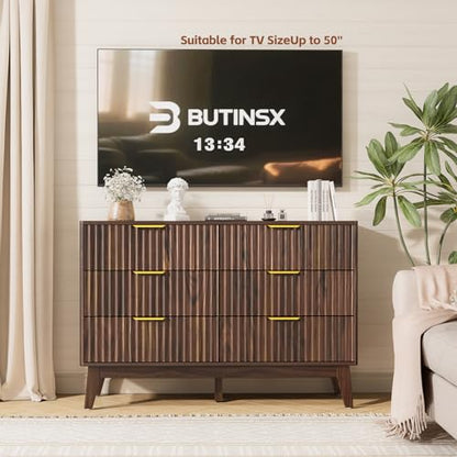 6-Drawer Dresser Fluted Drawers, Mid-Century, Walnut | 47.2"W x 15.4"D x 32.3"H, 130 lbs top / 40 lbs per drawer (7.7"H), 6 fluted drawers, gold handles, anti-tip straps - size: 15.4"D x 47.2"W x 32.3"H (6 Drawers)
