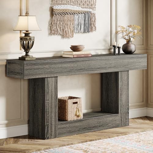 Tribesigns 63" Console Table, Farmhouse 2-Tier Entryway Table with U-Shaped Base, Narrow Long Wood Sofa Table Behind Couch Table for Living Room, Hallway, Foyer, Gray - color: Light Gray