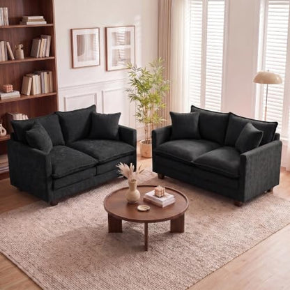 50'' Loveseat Sofa Set, Small Couch Set 2 Piece Cloud Love Seat with 27" Deep Seat Washable Chenille Pillows Couches for Small Spaces Apartment Living Room, Black - color: Black, size: 50"+50"