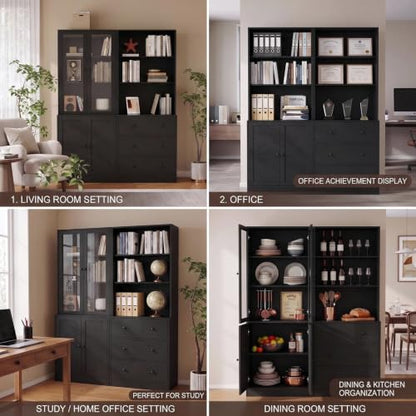 TUSY 71" H Bookshelf with Storage, 6-Tier Modern Bookshelves with 3 Large Drawer, Display Bookcase with Glass Doors, Modern 5-Tier Curio Cabinet for Home Office, Dining Room (Black, ABBA) - color: Black