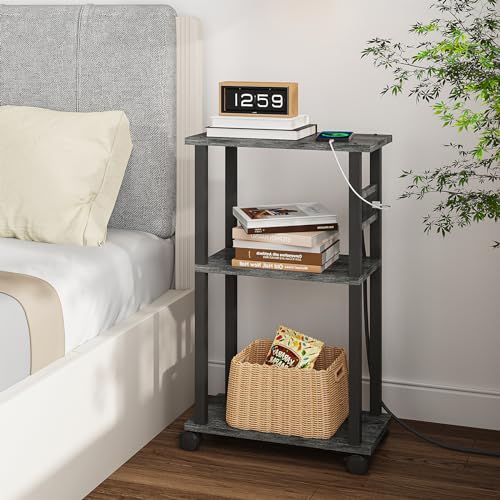 TUTOTAK Small Narrow Side Table, Set of 2 Skinny End Table | for Small Spaces, Slim Nightstand with USB Ports and Outlet,Sofa Beside Table with Wheels, Grey TB01BY047 - color: Charcoal Grey, size: 2 PC, style: With Plug