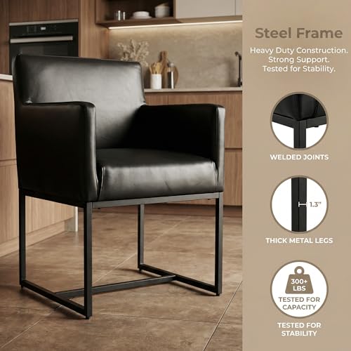 Faux Leather Upholstered Dining Chairs with Arms Set of 2, Mid Century Modern Padded Kitchen Chair with Black Metal Frame for Restaurant, Dining Room, Black - color: Black