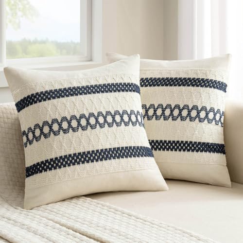 MIULEE Set of 2 Navy Blue Boho Decorative Pillow Covers 18x18 Inch | Farmhouse Couch Throw Pillows, Modern Coastal, Cotton Cushion Covers, Macrame Woven Home Decor for Bed Sofa Chair - color: Navy Blue, size: 18" x 18" (Pack of 2)