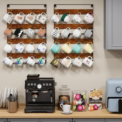 Huxitocan Wall Mount Coffee Mug Holder - Rustic Wood and Iron, Holds Up to 24 Mugs (3Pack) for Kitchen, Home, Coffee Bar - size: 6-tier
