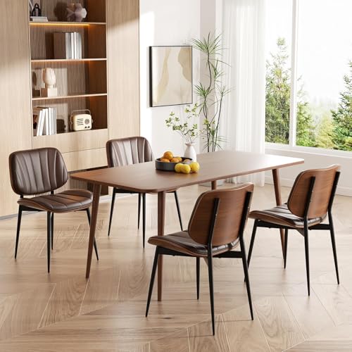 Dining Chairs Set of 2, Mid Century Modern Dining Room Chair, Upholstered Faux Leather Kitchen Chairs with Walnut Bentwood Back and Metal Legs for Kitchen Dining Living Room, Coffee - color: Coffee, size: Set of 2