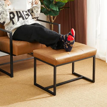 Glitzhome Ottoman Bench Pack of 2, Modern PU Leather Vanity Stools Chairs with Metal Frame, Makeup Stool Padded Foot Rest Stool for Living Room Vanity, Entryway, Bathroom,Light Brown - color: Light Brown, Pack of 2
