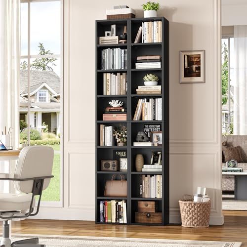 FOTOSOK 2 Pcs 71'' Tall Narrow Bookshelf, 8-Tier Media Tower Rack Set of 2 | CD DVD Storage Cabinet with Adjustable Shelves, Tall Narrow Bookcase Skinny Display Bookshelf Slim Shelf, Black - color: Black
