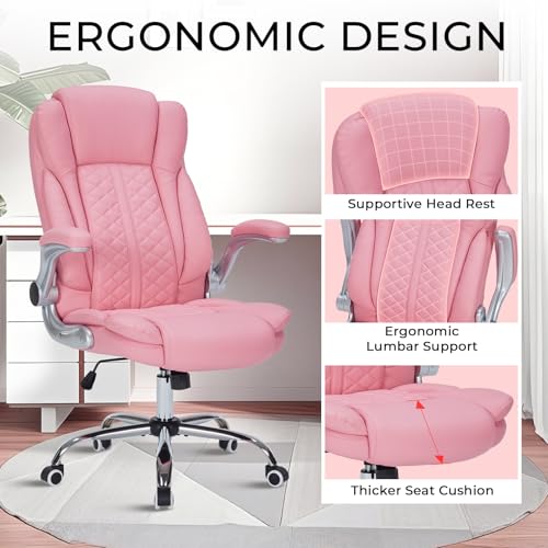 400lbs Executive Office Chair with Flip-Up Armrests, Big and Tall Computer Chair for Heavy People, Heavy Duty Ergonomic Comfy Chair, Breathable PU Leather (Pink) - color: Pink