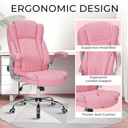 400lbs Executive Office Chair with Flip-Up Armrests, Big and Tall Computer Chair for Heavy People, Heavy Duty Ergonomic Comfy Chair, Breathable PU Leather (Pink) - color: Pink