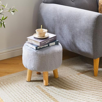 YMYNY Round Pouf Ottoman 12.6" Small Foot Stool, Grey HBD035G | Faux Fur, Wood Legs, Modern Boho, Foot Rest for Couch Living Room Bedroom Office - color: Grey