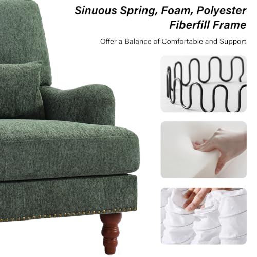 Mid-Century Modern Accent Chair with Lumbar Pillow, Green, 2 Pack | Upholstered Chenille Armchair, Solid Wood Frame & Legs, Comfy Reading Lounge Sofa for Living Room Bedroom, & Small Spaces - color: Chenille Green, size: 2 Seat