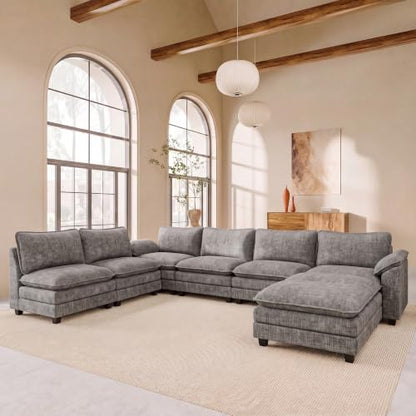 JUMMICO 232" Oversized Sectional Couch, Modular Cloud Sofa, Light Grey | Comfy Chenille, 2 Movable Ottoman, Deep Seat, Double Layer Cushion, 6 Seat, High-Density Foam, for Living Room - color: Light Grey, size: Oversized Sofa