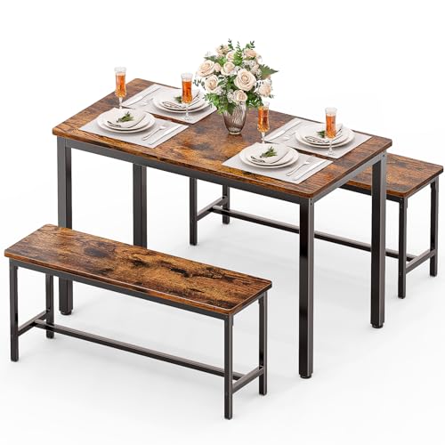 Dining Table Set for 4, Kitchen Table with 2 Benchs, Brown | Modern Functional 3 Piece Space-Saving Dining Room Table Set for Apartment, Breakfast Nook, Small Space - color: Brown