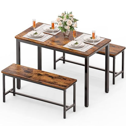 Dining Table Set for 4, Kitchen Table with 2 Benchs, Brown | Modern Functional 3 Piece Space-Saving Dining Room Table Set for Apartment, Breakfast Nook, Small Space - color: Brown
