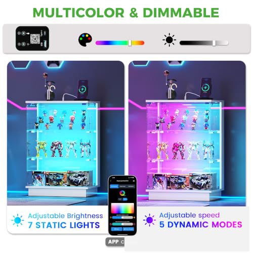 HNEBC LED Nightstand with USB-C Charging Station&Lights for Bedroom-White | Curio china Cabinet, Motion Sensor Smart Glass RGB Side Table with App Control, Charging Station Tempered Glass Collectiblem - color: 91174-white