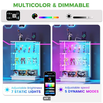HNEBC LED Nightstand with USB-C Charging Station&Lights for Bedroom-White | Curio china Cabinet, Motion Sensor Smart Glass RGB Side Table with App Control, Charging Station Tempered Glass Collectiblem - color: 91174-white