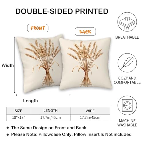 Throw Pillow Covers 18x18 Set of 2 | Wheat Floral Decorative Cushion Covers for Couch Sofa Bed | Neutral Botanical Farmhouse Pillow Cases for Living Room | Rustic Home Decor Accent - color: Wheat Floral