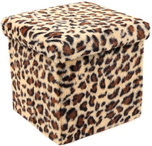 Luxe Faux Fur Storage Ottoman, Leopard, 12 x 12 x 12 in | Engineered Wood, Tool-Free Assembly, Modern Style, Seat And Footrest - color: Leopard, size: 12"D x 12"W x 12"H