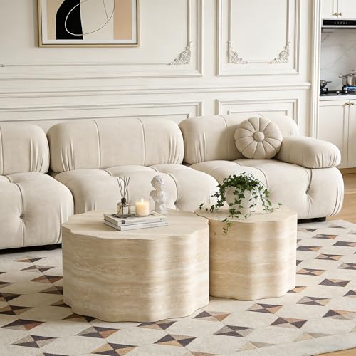 Nesting Coffee Table Set of 2, Modern Wood Center Table for Living Room, Faux Mars Pattern Side Table Accent End Table for Apartment Office, No Need Assembly (26.7"& 23.6") - color: 26.7"& 23.6" Beige Brown