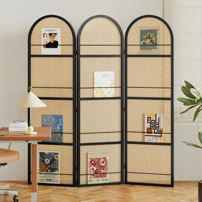 Rattan Room Divider with Bookshelf,Foldable Privacy Screen Partition,Wooden Frame,Natural Portable for Living Room,Bedroom Home,Office Reading Nook (Black, 3 Panels) - color: Black