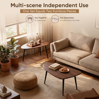 Nesting Coffee Table Set,Mid Century Modern Coffee Nesting Table | Solid Wood Triangle Oval Center Table for Small Living Room Apartment Balcony, Walnut