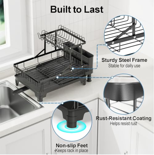 Large Expandable 2 Tier Dish Drying Rack for Kitchen Counter, Black | Extendable Design, 360° Rotating Drain Spout, Stable Screw-Fixed Frame, Rust-Resistant, Cup & Utensil Holder, Tool-Free Setup - color: Black, size: Countertop Expandable (12.6"w X 18.7"