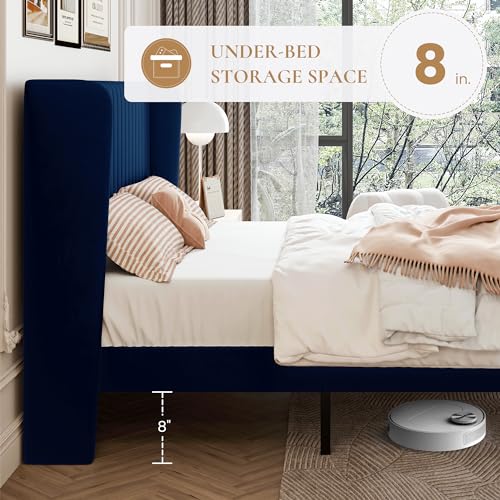 SHA CERLIN King Size Velvet Bed Frame, Tufted Wingback Headboard, Blue | 47'' Modern Vertical Channel Headboard, Upholstered Platform Bed, Wood Slats, No Box Spring Needed, Easy Assembly, Noise Free - color: Blue, size: King