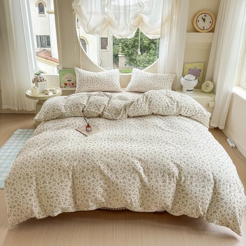 Floral Duvet Cover Full Boho Muslin Cotton Comforter Cover Full Size Double Gauze Lightweight Farmhouse Chic Duvet Cover Set with 2 Pillow Cases Cute Soft Bedding Set for Girls Duvet Protector - color: G Floral08, size: Full(Duvet Cover and 2 Pillows Sham