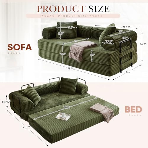 Antetek Modular Couch Bed, Convertible Folding Plush Corduroy Comfy Floor Compression Loveseat Sleeper Sofa Couch, King Size Bed for Guest Room Living Room Bedroom, No Assembly Required, Green