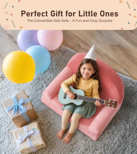 little dove Extra Wide Soft Kids Couch Fold Out, 2-in-1 Kids Couch, Convertible Kid Sofa, Kid Furniture for Playroom, Ideal Gifts for Boys & Girls Ages 3+, Pink