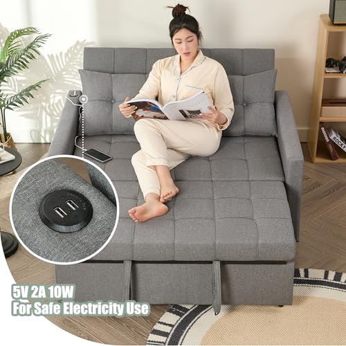 GOSUHI 52" 3-in-1 Convertible Sleeper Sofa Bed, Linen, Light Gray | Pull-Out Bed, Stepless Adjustable Backrest, Side Pocket, Compact Loveseat, Living Room, Dorm & Apartment - color: Light Gray