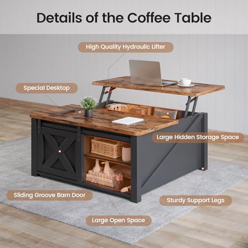 SEDETA 31.5" Lift Top Coffee Table with Storage, Square Coffee Tables for Living Room, Farmhouse Coffee Table with Large Hidden Storage Compartment and Adjustable Shelves, Black - color: Black