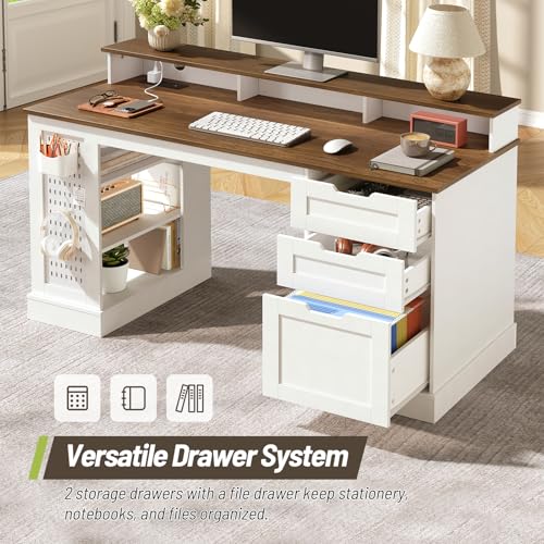 55-inch Farmhouse Executive Desk with 2 Drawers and File Cabinet, Computer Desk with 3-Tier Storage Shelves, Home Office Desk with Charging Station, Pegboard & Monitor Shelf, White and Walnut - color: White and Walnut