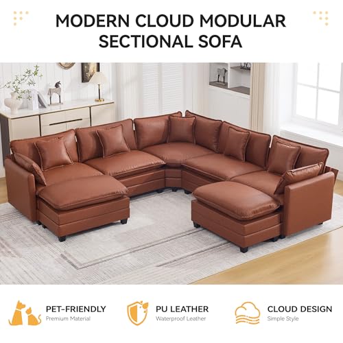137'' V Shaped Cloud Sectional Sofa, Oversized Deep Seat Leather Couches for Living Room, Comfy Upholstered Modular Sectional Sofa Couch, Leather Brown - color: Pu-dark Brown, size: 113'' V Shape
