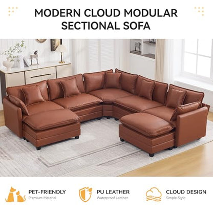 137'' V Shaped Cloud Sectional Sofa, Oversized Deep Seat Leather Couches for Living Room, Comfy Upholstered Modular Sectional Sofa Couch, Leather Brown - color: Pu-dark Brown, size: 113'' V Shape