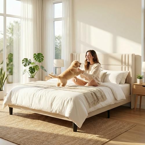 Gizoon King Bed Frame with Wingback Headboard, Upholstered Platform Bed | Bed Frame with Padded Headboard,Wooden Slats, Noise-Free, No Box Spring Needed, Easy Assembly,Beige - color: Beige, size: King