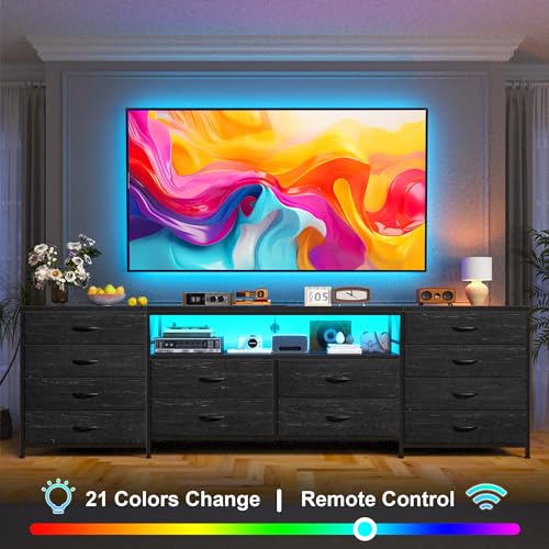 EnHomee 12 Drawers Dresser for Bedroom,TV Stand Fits 55/65/70 inch TVs | Entertainment Center with LED Lights & Power Outlets,Long Fabric Dresser with 2 Wood Shelves for Living Room,Black Wood Grain - color: Black Wood Grain