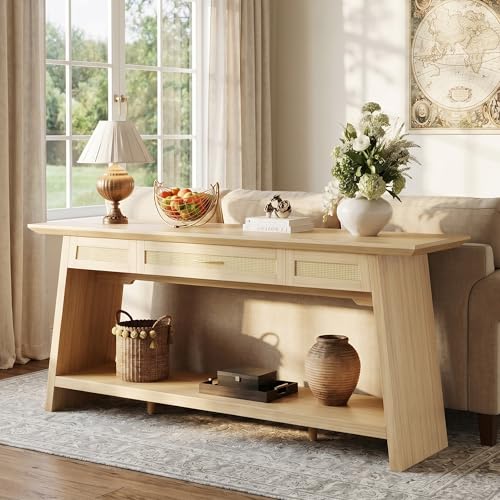 iPormis 70.9 Inches Rattan Entryway Table with Drawer, Narrow Long Console Table Behind Sofa, Wood Entry Accent Hallway Table for Living Room, Behind Couch, Entrance, Natural - color: Natural
