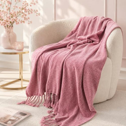BATTILO HOME Pink Chenille Throw Blanket for Couch, Soft Cozy Textured Knit Throw Blanket with Handmade Fringe Tassels, Lightweight Decorative Farmhouse Blanket for Sofa Bed Chair, 50"x60" | Soft Chenille Knit with Handmade Fringe Tassels, Lightweight, Co