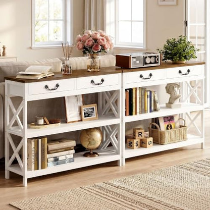 IRONCK 39.4" Farmhouse Console Table with Storage, White/Walnut | Narrow Entryway Table with 2 Drawers & 2 Shelves, Industrial Wood Sofa Table for Living Room/Hallway - size: 39.4inch