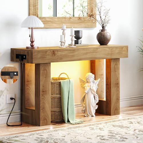 Unikito 47" Entryway Table with Socket & Sensor Light, Natural Oak | Narrow Console Table with Storage Behind Couch, Farmhouse Foyer Table with Open Storage Versatile for Entrance Living Room - color: Natural Oak, size: 47IN