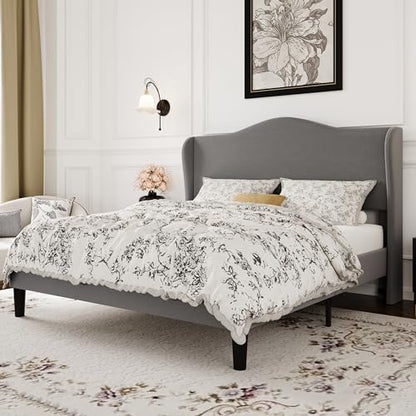 SHA CERLIN Queen Size Bed Frame with Curved Wingback Headboard, Soft Grey | Modern Luxury Design Velvet Platform Bed with Sturdy Wooden Slats,Noise-Free, No Box Spring Needed, Easy Assembly - color: Soft Grey, size: Queen
