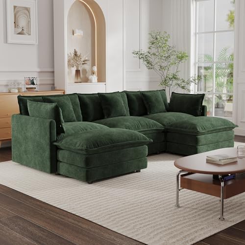 Modular Sectional Sofa, 111.5 Inch U Shaped Couch Set for Living Room, 3-Seater Comfy Cloud Couches with Movable Ottoman, DIY Combination, Chenille, Evergreen - color: Evergreen, size: 111.5 Inch- U