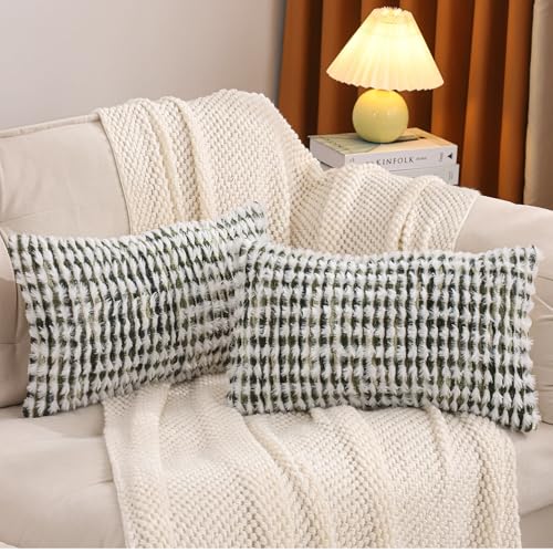LUOYEHK Boho Throw Pillow Covers 12x20 Inch Set of 2 Farmhouse Neutral Lumbar Pillow Covers Chenille Tufted Pillowcase for Couch Sofa Bed Living Room, Green White - color: Green White, size: 20" x 12" (Pack of 2)