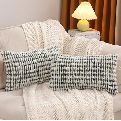 LUOYEHK Boho Throw Pillow Covers 12x20 Inch Set of 2 Farmhouse Neutral Lumbar Pillow Covers Chenille Tufted Pillowcase for Couch Sofa Bed Living Room, Green White - color: Green White, size: 20" x 12" (Pack of 2)