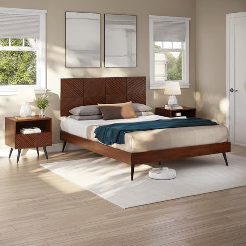 Bme Rhombus Queen Bed Frame – Solid Rubber Wood with Geometric Rhombus Headboard, Walnut Finish, Scandinavian Modern Platform Bed with Sturdy Slats & Metal Legs, No Box Spring Needed - color: Walnut, size: Queen, style: Scandinavian