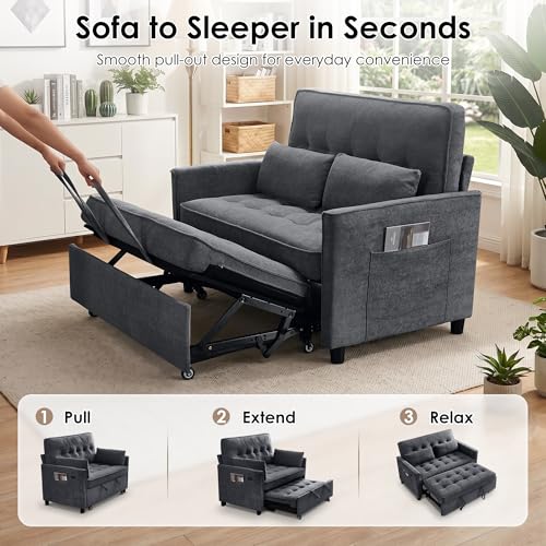 Dreamzie 55'' 3 in 1 Convertible Sofa Bed with USB Charging Ports, Pull Out Couch with Adjustable Backrest and Side Pockets, Sleeper Sofa for Living Room, Apartment, RV, Easy Assembly - Dark Grey - color: Dark Grey