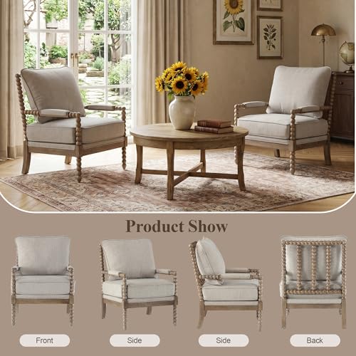 DUHOME Linen Fabric Spindle Accent Chair with Wood Frame,Modern Accent Chairs with Padded Spring Seat and Brushed White Base for Living Room Bedroom Farmhouse Home Office Belcony - color: Brown+cream, size: 1 pc